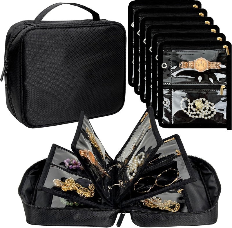 LingLingo Travel Jewelry Organizer Case,Jewelry Bags for Traveling, Jewelry Binder with 24 Pcs Clear Zipper Velvet Pouches for Storing Earrings, Rings, Necklace, Bracelet, Watch (Black) - Image 1